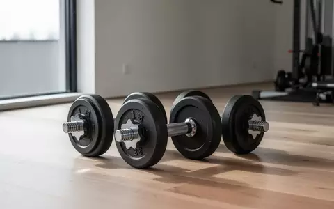 Ein Set Hanteln auf einem Holzboden in einem minimalistischen Fitnessraum. - Foto: über boerse-global.de