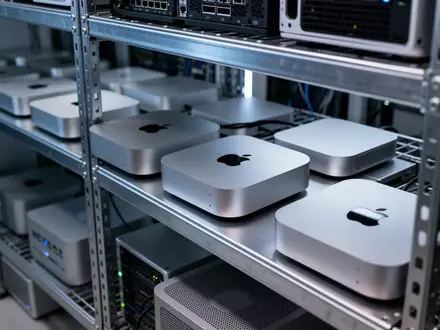 Reihen von Apple Mac mini und Mac Studio Rechnern in einer aufgeräumten, professionellen Tech-Umgebung. - Foto: über boerse-global.de