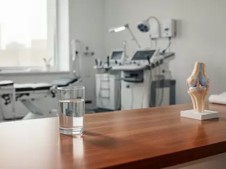 Ein minimalistisch eingerichteter, heller medizinischer Behandlungsraum mit einem anatomischen Kniegelenkmodell im Hintergrund. - Foto: über boerse-global.de