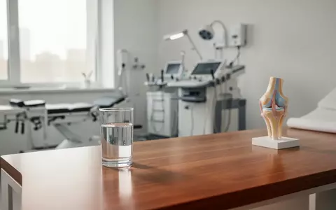 Ein minimalistisch eingerichteter, heller medizinischer Behandlungsraum mit einem anatomischen Kniegelenkmodell im Hintergrund. - Foto: über boerse-global.de