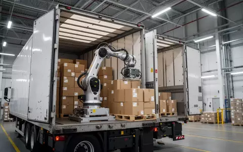 Ein spezialisierter Industrieroboter stapelt Pakete effizient im Inneren eines LKW-Aufliegers in einem Logistikzentrum. - Foto: über boerse-global.de
