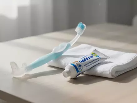 Modernes Set zur Kleinkind-Zahnpflege mit Silikon-Zahnbürste und Zahnpasta auf einer hellen Holzoberfläche. - Foto: über boerse-global.de