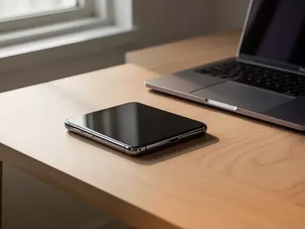 Ein modernes Smartphone auf einem minimalistischen Schreibtisch neben einem Laptop in einer hellen, professionellen Umgebung. - Foto: über boerse-global.de