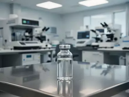 Ein medizinisches Labor mit einem Glasfläschchen auf einem Edelstahltisch vor einer unscharfen klinischen Kulisse. - Foto: über boerse-global.de