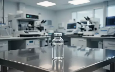 Ein medizinisches Labor mit einem Glasfläschchen auf einem Edelstahltisch vor einer unscharfen klinischen Kulisse. - Foto: über boerse-global.de
