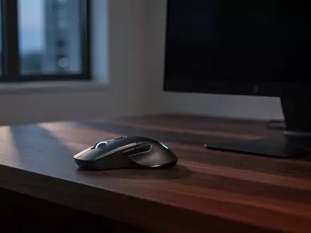 Ein moderner, minimalistischer Arbeitsplatz mit einer ergonomischen Computermaus auf einem Schreibtisch vor einem dunklen Monitor. - Foto: über boerse-global.de