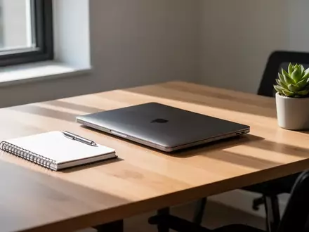 Ein aufgeräumter Schreibtisch mit einem geschlossenen Laptop und Notizbuch in einem hellen, modernen Home-Office. - Foto: über boerse-global.de