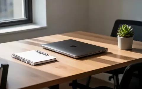 Ein aufgeräumter Schreibtisch mit einem geschlossenen Laptop und Notizbuch in einem hellen, modernen Home-Office. - Foto: über boerse-global.de