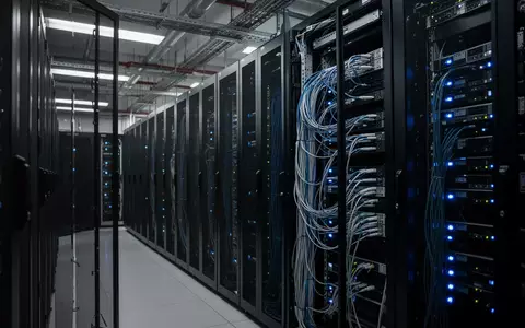 Reihen von Server-Racks in einem modernen Rechenzentrum mit blauen Statusleuchten und technischer Infrastruktur. - Foto: über boerse-global.de