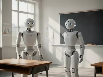 Ein humanoider Roboter steht in einem modernen, leeren Klassenzimmer vor einem Schultisch. - Foto: über boerse-global.de