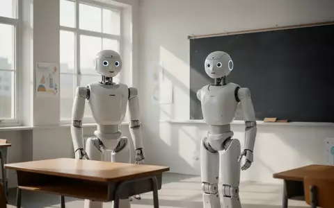 Ein humanoider Roboter steht in einem modernen, leeren Klassenzimmer vor einem Schultisch. - Foto: über boerse-global.de