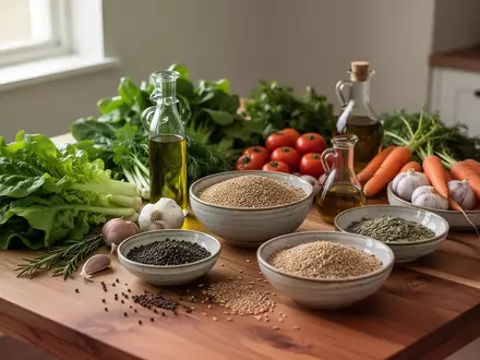 Frische Lebensmittel wie Gemüse, Blattgrün und Vollkornprodukte auf einem Holztisch bei natürlichem Licht. - Foto: über boerse-global.de