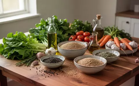 Frische Lebensmittel wie Gemüse, Blattgrün und Vollkornprodukte auf einem Holztisch bei natürlichem Licht. - Foto: über boerse-global.de