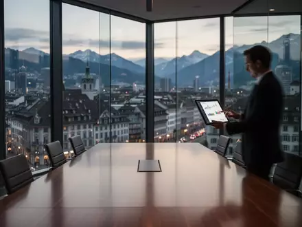 Ein modernes Büro mit Blick auf eine Schweizer Stadt in der Abenddämmerung. - Foto: über boerse-global.de