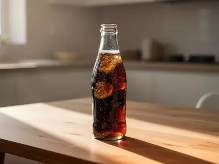 Eine einzelne Glasflasche mit einem zuckerhaltigen Erfrischungsgetränk auf einem Holztisch in einem hellen Raum. - Foto: über boerse-global.de