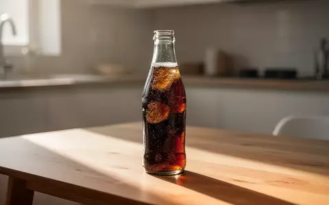 Eine einzelne Glasflasche mit einem zuckerhaltigen Erfrischungsgetränk auf einem Holztisch in einem hellen Raum. - Foto: über boerse-global.de