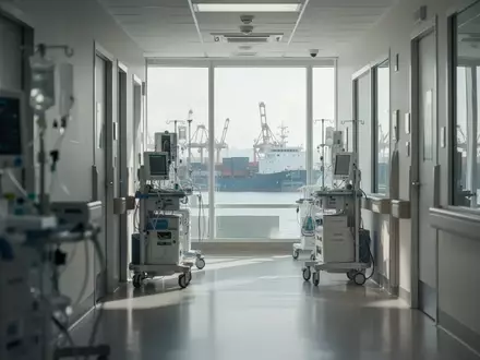 Ein heller Krankenhausflur mit medizinischer Ausstattung und Blick auf eine maritime Hafenkulisse im Hintergrund. - Foto: über boerse-global.de