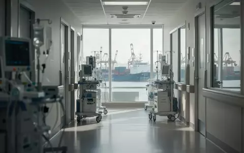 Ein heller Krankenhausflur mit medizinischer Ausstattung und Blick auf eine maritime Hafenkulisse im Hintergrund. - Foto: über boerse-global.de