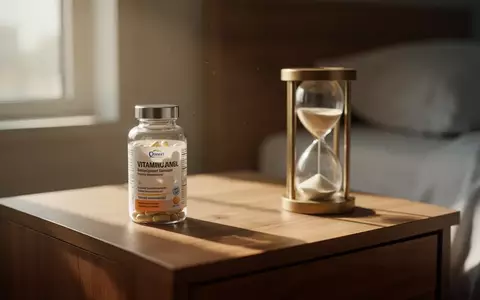 Eine Glasflasche mit Nahrungsergänzungsmitteln auf einem hölzernen Nachttisch neben einer Sanduhr im Morgenlicht. - Foto: über boerse-global.de