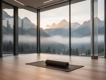 Ein minimalistisch eingerichteter Yogaraum mit bodentiefen Fenstern und Blick auf eine alpine Berglandschaft bei Sonnenaufgang. - Foto: über boerse-global.de