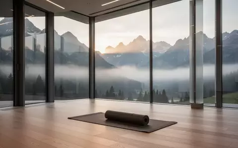 Ein minimalistisch eingerichteter Yogaraum mit bodentiefen Fenstern und Blick auf eine alpine Berglandschaft bei Sonnenaufgang. - Foto: über boerse-global.de