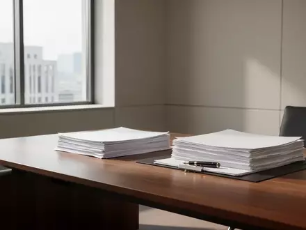 Ein minimalistischer, heller Schreibtisch mit einem Stapel Dokumente in einem modernen Bürogebäude bei Tageslicht. - Foto: über boerse-global.de