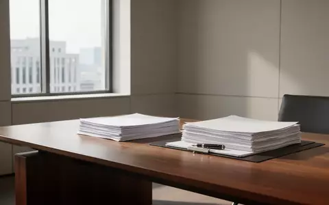 Ein minimalistischer, heller Schreibtisch mit einem Stapel Dokumente in einem modernen Bürogebäude bei Tageslicht. - Foto: über boerse-global.de