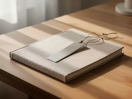 Ein minimalistischer Holzschreibtisch mit einem Lesezeichen auf einem Notizbuch in hellem, natürlichem Tageslicht. - Foto: über boerse-global.de