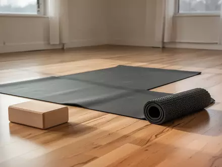 Eine leere Yogamatte mit einem Holzblock und einer Faszienrolle auf einem hellen Holzboden in einem lichtdurchfluteten Raum. - Foto: über boerse-global.de