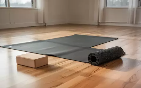 Eine leere Yogamatte mit einem Holzblock und einer Faszienrolle auf einem hellen Holzboden in einem lichtdurchfluteten Raum. - Foto: über boerse-global.de
