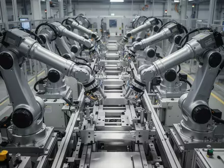 Moderne industrielle Roboterarme in einer automatisierten Fertigungshalle. - Foto: über boerse-global.de