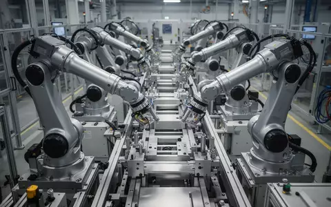 Moderne industrielle Roboterarme in einer automatisierten Fertigungshalle. - Foto: über boerse-global.de