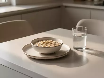 Ein minimalistisch gedeckter Frühstückstisch im hellen Morgenlicht mit einer Schale Haferflocken. - Foto: über boerse-global.de