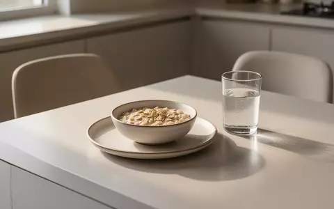 Ein minimalistisch gedeckter Frühstückstisch im hellen Morgenlicht mit einer Schale Haferflocken. - Foto: über boerse-global.de
