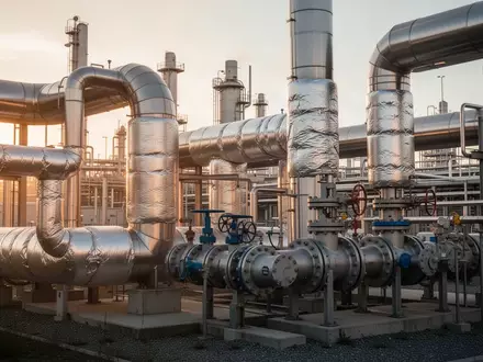 Industrielle Rohrleitungen und technische Anlagen zur Dampferzeugung in einem Chemiepark bei Sonnenuntergang. - Foto: über boerse-global.de