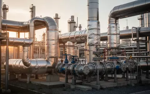 Industrielle Rohrleitungen und technische Anlagen zur Dampferzeugung in einem Chemiepark bei Sonnenuntergang. - Foto: über boerse-global.de