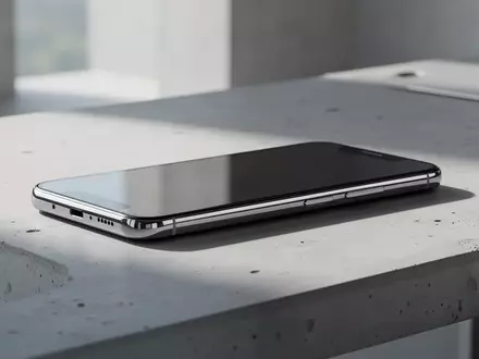 Ein modernes Smartphone auf einem minimalistischen Beton-Schreibtisch in einer hellen, architektonischen Umgebung. - Foto: über boerse-global.de