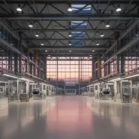 Leere Produktionshalle eines Volkswagen-Werks in der Abenddämmerung mit moderner Industriearchitektur. - Foto: über boerse-global.de