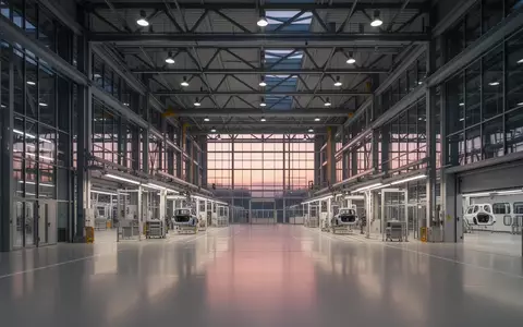 Leere Produktionshalle eines Volkswagen-Werks in der Abenddämmerung mit moderner Industriearchitektur. - Foto: über boerse-global.de
