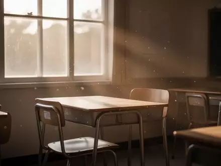 Ein leerer Schreibtisch in einem ruhigen Klassenzimmer bei einfallendem Nachmittagslicht. - Foto: über boerse-global.de