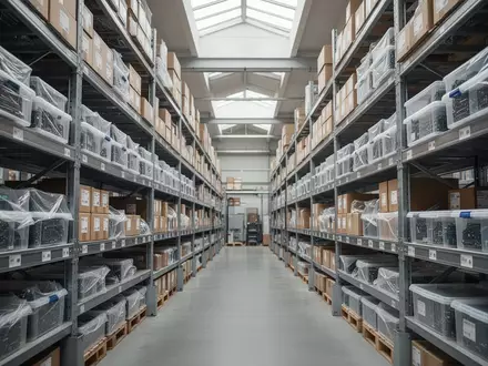 Modernes Lagerhaus mit Regalen voller verpackter Elektronikkomponenten und Bauteile für die Industrie. - Foto: über boerse-global.de