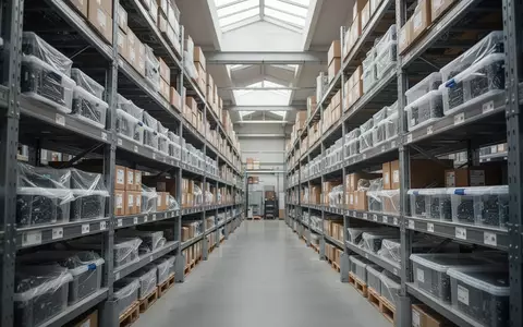 Modernes Lagerhaus mit Regalen voller verpackter Elektronikkomponenten und Bauteile für die Industrie. - Foto: über boerse-global.de