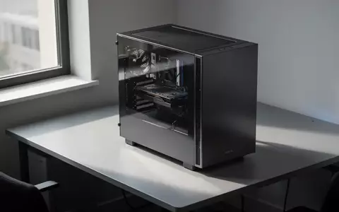 Ein moderner, dunkler PC-Tower steht auf einem aufgeräumten Schreibtisch in einer hellen, professionellen Büroumgebung. - Foto: über boerse-global.de