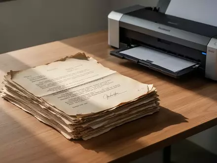 Stapel alter Papierdokumente auf einem Schreibtisch neben einem Dokumentenscanner in einem modernen Arbeitsumfeld. - Foto: über boerse-global.de