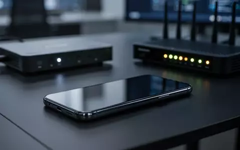 Ein modernes Smartphone liegt auf einem dunklen Büroschreibtisch neben einem Netzwerk-Router. - Foto: über boerse-global.de