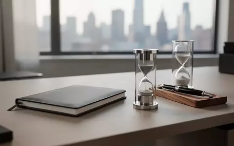 Ein minimalistischer Schreibtisch mit einem Notizbuch und einer Sanduhr in natürlichem Licht vor einem verschwommenen Stadtbild. - Foto: über boerse-global.de