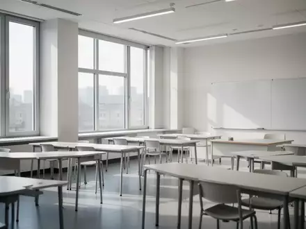 Heller, moderner Klassenraum mit minimalistischer Einrichtung und natürlichem Tageslicht. - Foto: über boerse-global.de
