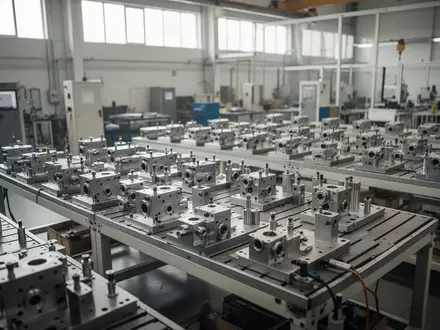 Moderne Produktionshalle mit präzisen Metallbauteilen auf Arbeitstischen in einer Industrieanlage. - Foto: über boerse-global.de