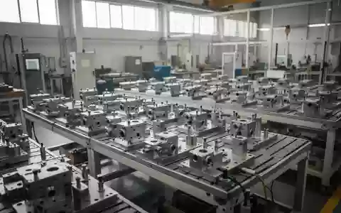 Moderne Produktionshalle mit präzisen Metallbauteilen auf Arbeitstischen in einer Industrieanlage. - Foto: über boerse-global.de