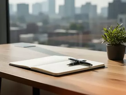Minimalistischer, moderner Schreibtisch in einem hellen Büro mit Notizbuch und Pflanze vor einem unscharfen Fensterblick. - Foto: über boerse-global.de